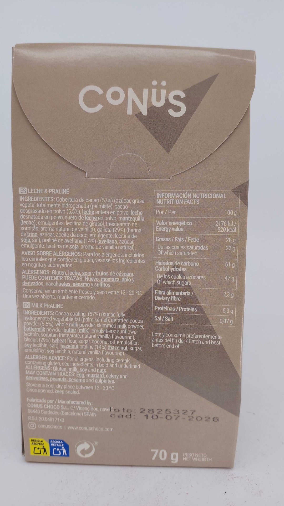 Conos de Chocolate Blanco y Praliné Clásico 70g CONÜS