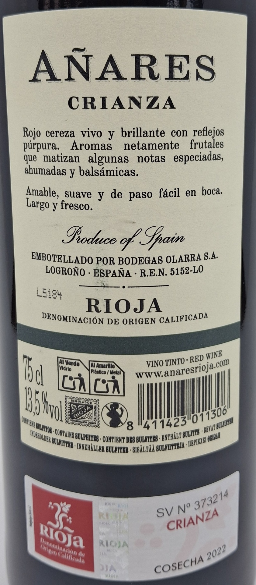 VINO TINTO AÑARES D.O. RIOJA - CRIANZA