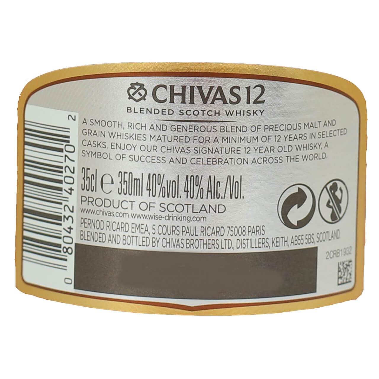 WHISKY CHIVAS REGAL 12 AÑOS ESTUCHADO - 35cl.