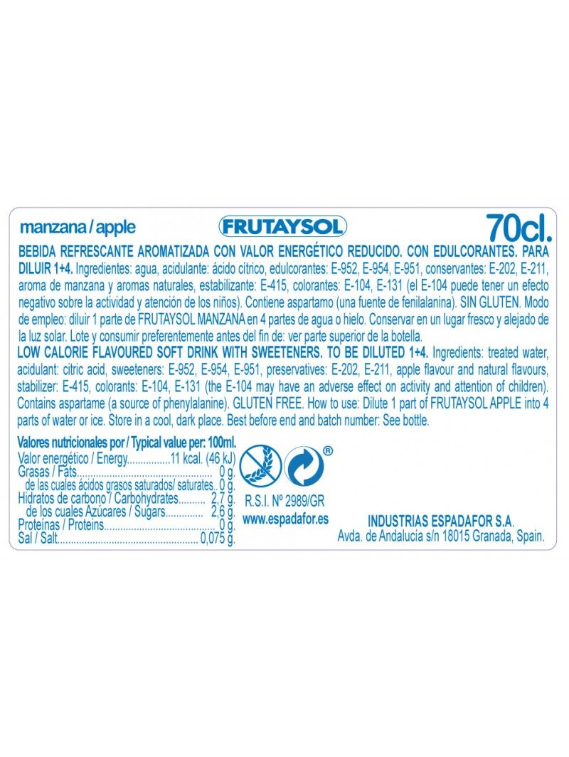 LICOR SIN ALCOHOL FRUTA Y SOL MANZANA - 70cl.
