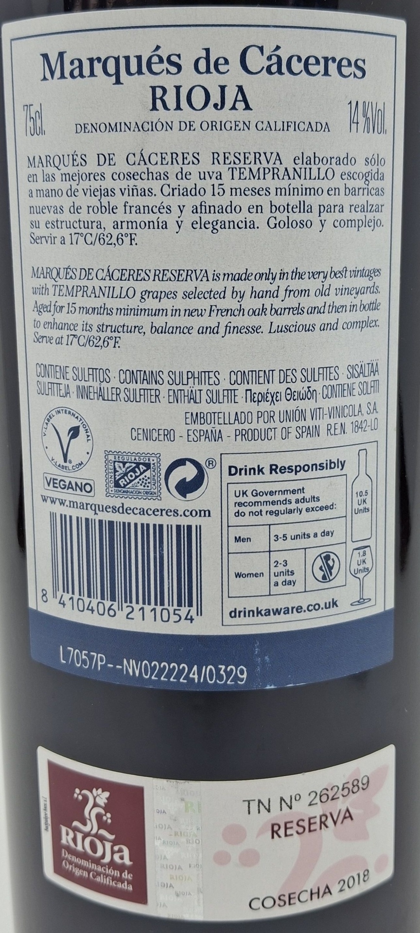 VINO TINTO ECOLÓGICO MARQUES DE CACERES - RESERVA