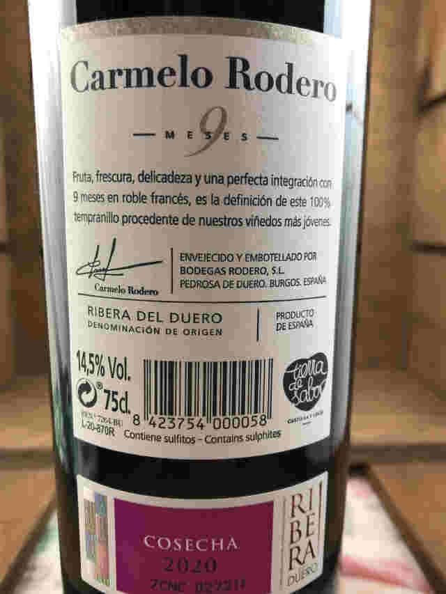 VINO TINTO CARMELO RODERO 9 MESES