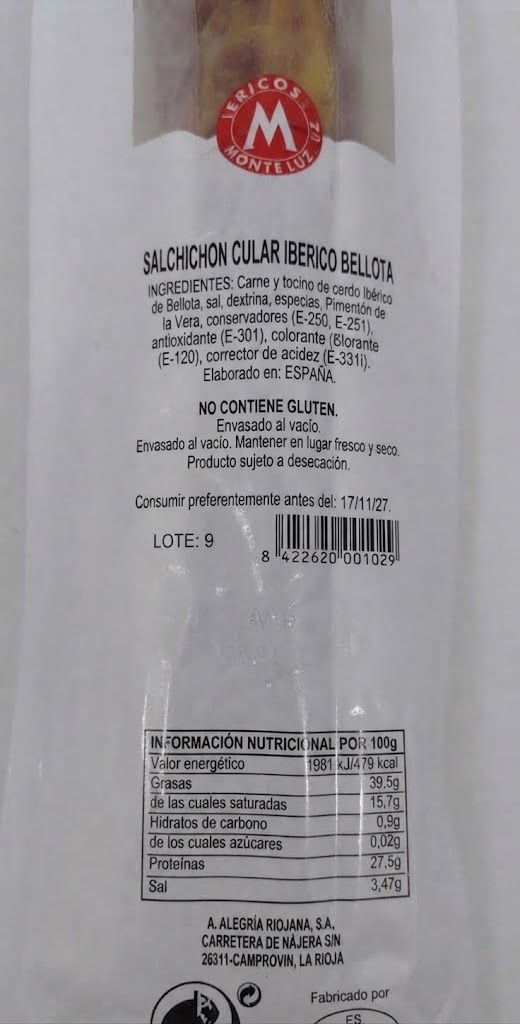 SALCHICHON IBERICO DE BELLOTA CULAR MONTELUZ - 450g.