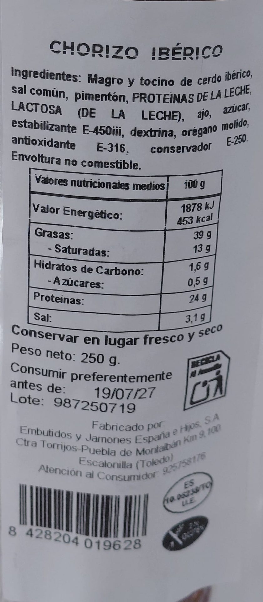 CHORIZO IBÉRICO SECRETO TERRA ESTUCHADO - 250g.