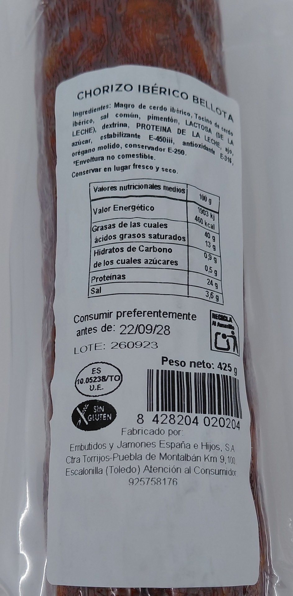 CHORIZO IBERICO DE BELLOTA SECRETO TERRA - 450g.