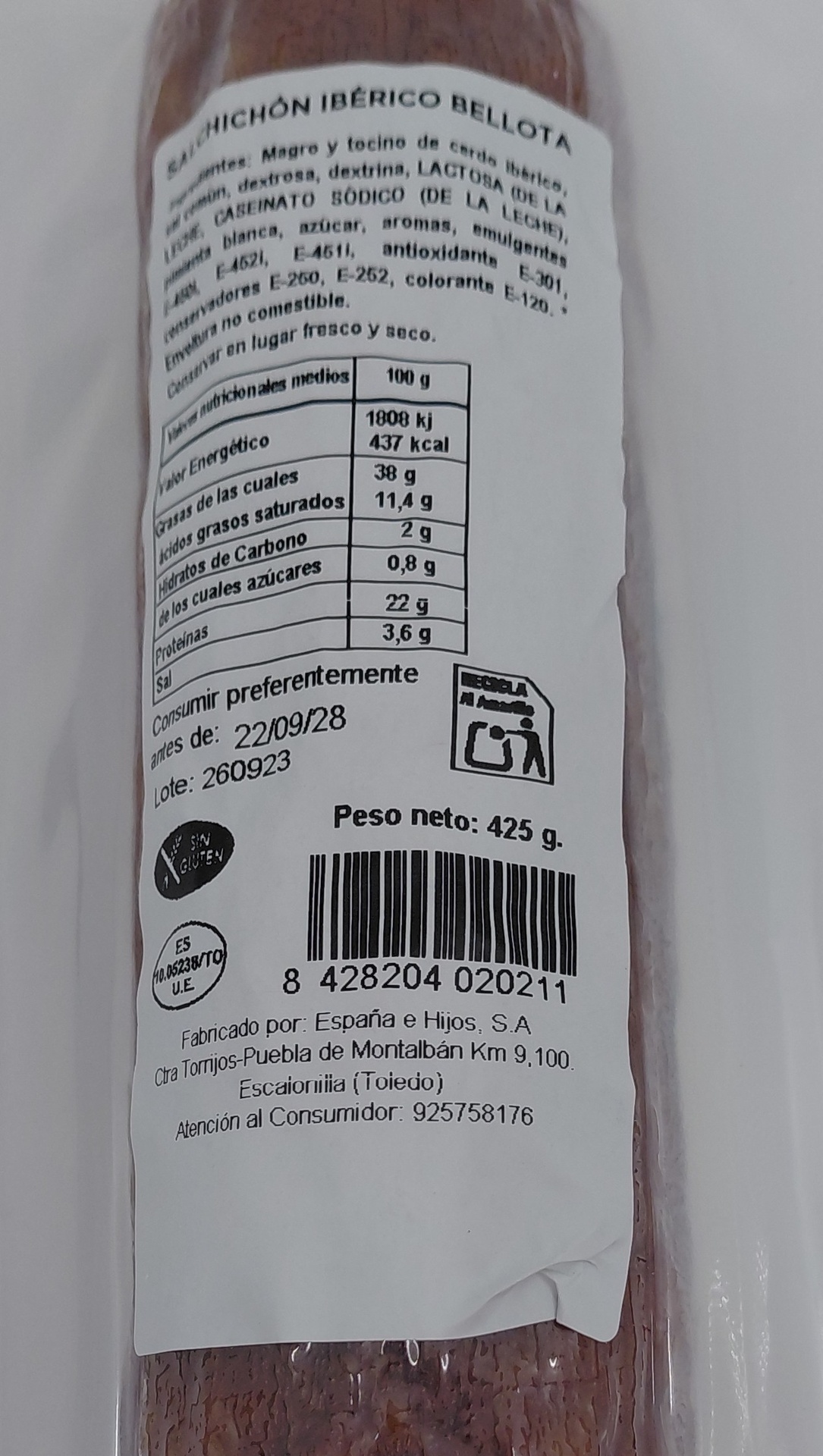 SALCHICHON IBERICO DE BELLOTA SECRETO TERRA - 450g.