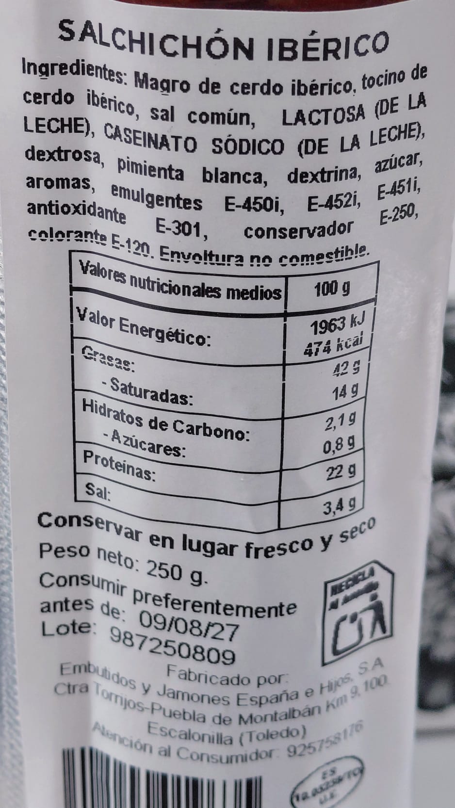 SALCHICHON IBERICO SECRETO TERRA ESTUCHADO - 250g.
