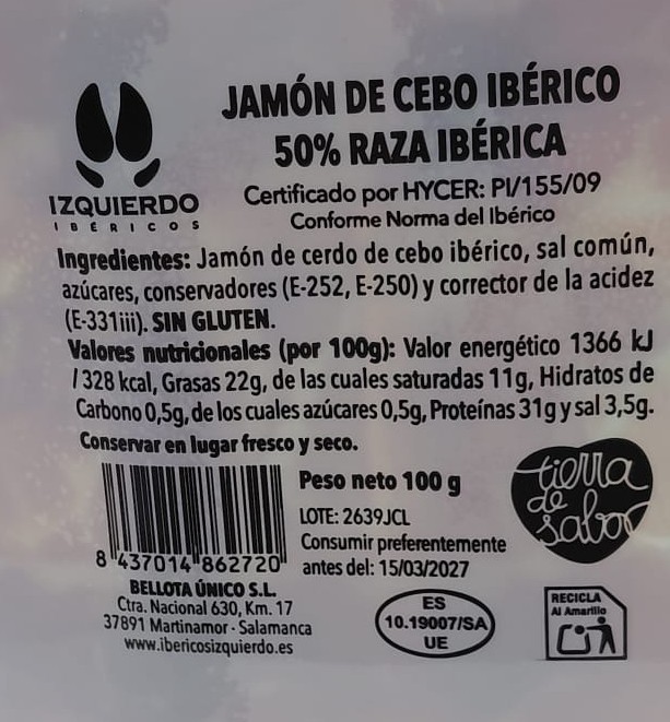 JAMON LONCHEADO 50% IBERICO DE CEBO IBERICOS IZQUIERDO - 100g.