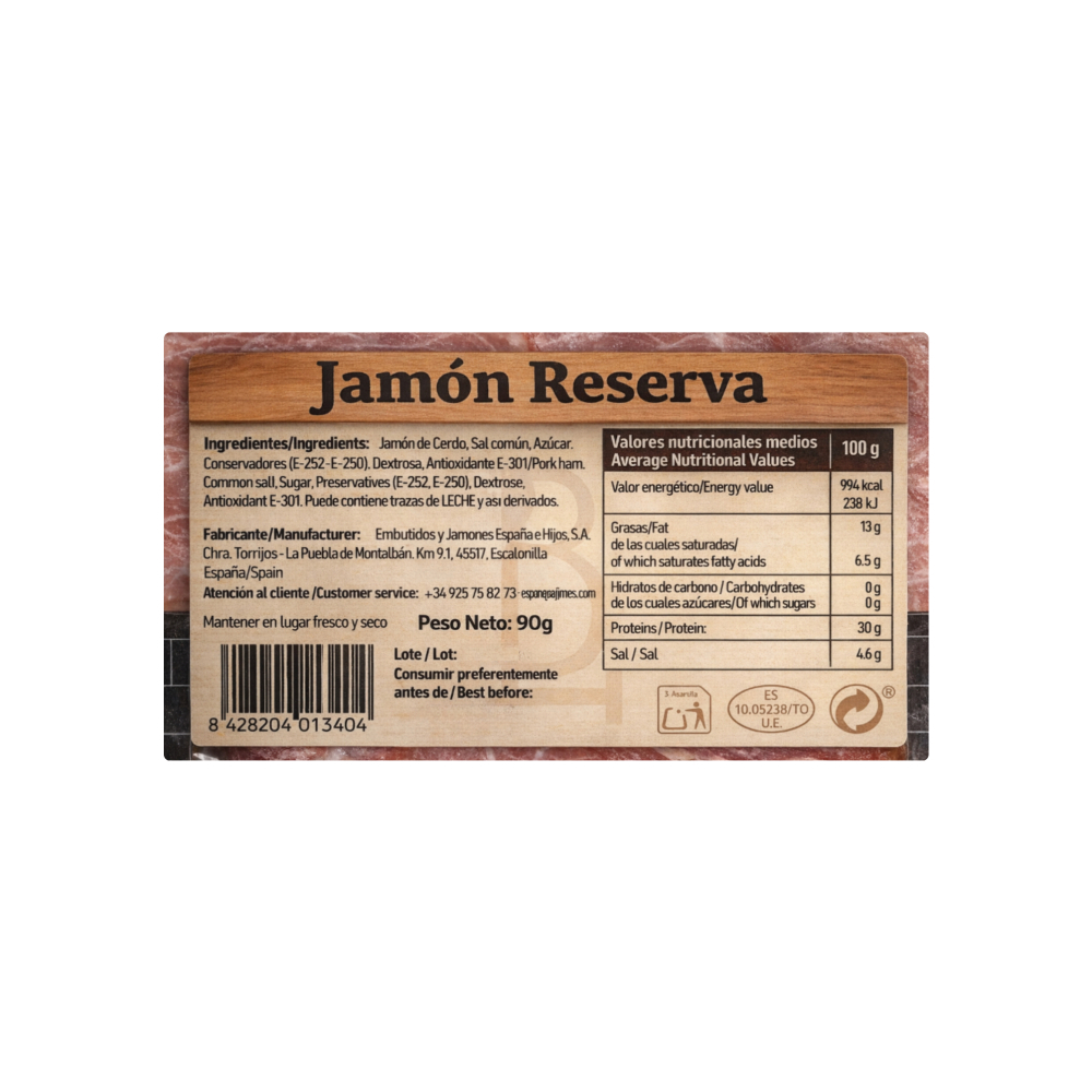 JAMON LONCHEADO DE CASTILLA AÑEJO RESERVA LA BARRICA FORMATO ESTRECHO - 90g.